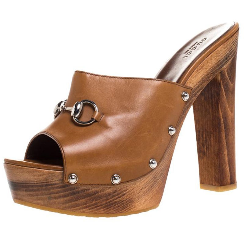 Gucci Brown Leather Horsebit Toe Clogs Size at 1stDibs