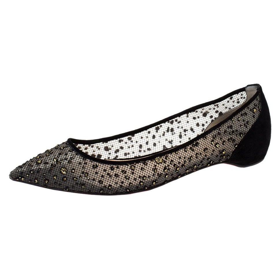 Christian Louboutin Black Mesh And Suede Follies Strass Ballet Flats Size 36