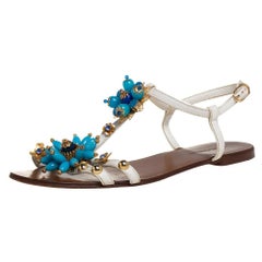 Dolce & Gabbana White Leather Flower Embellished Sandals Size 41