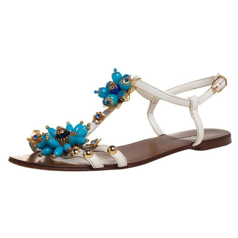 Dolce and Gabbana White Leather Flower Embellished Sandals Size 41 For Sale at 1stDibs Dolce and Gabbana White Leather Flower Embellished Sandals Size 41 For Sale at 1stDibs