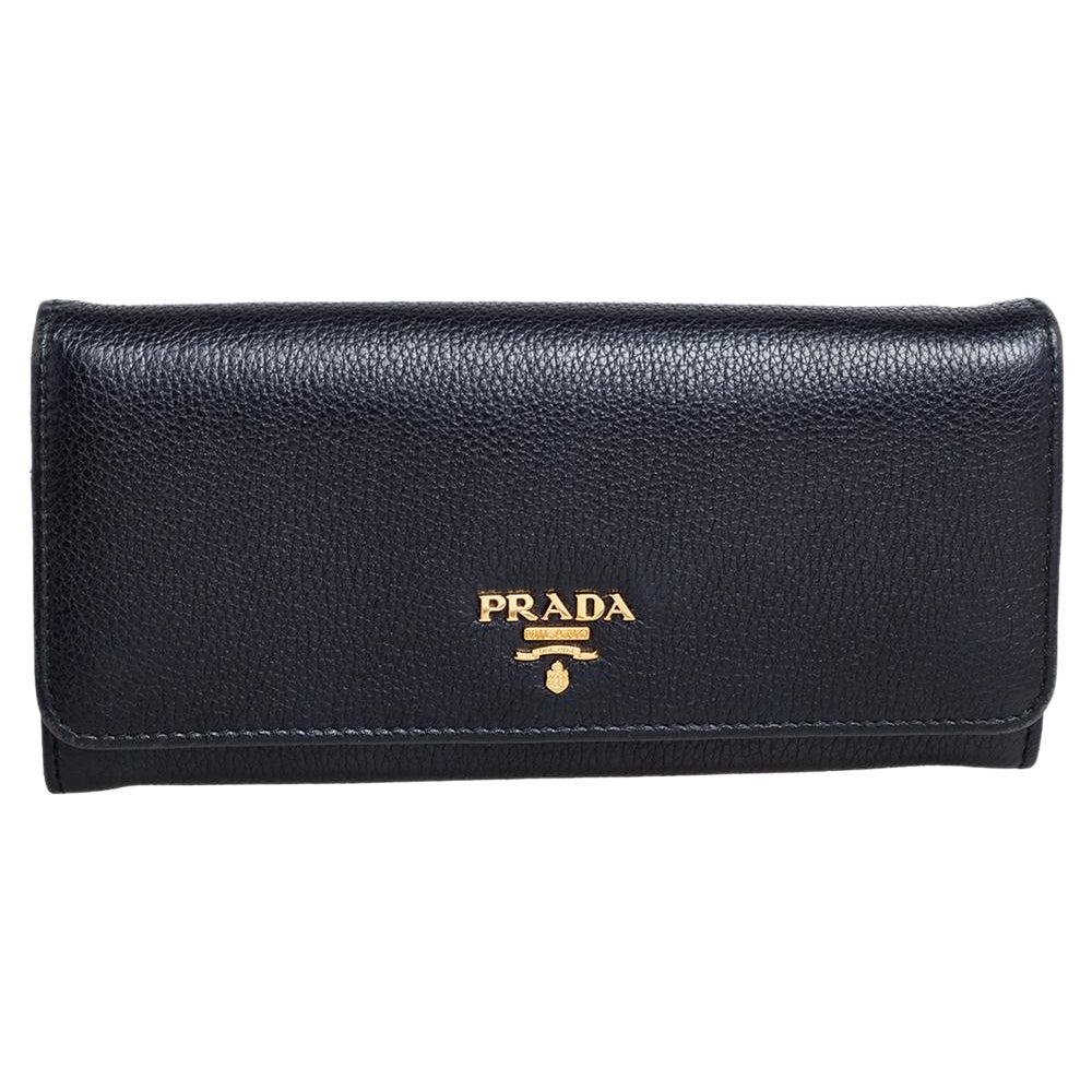 Prada Black Vitello Phenix Leather Flap Continental Wallet