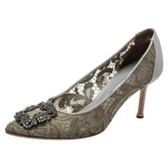 Manolo Blahnik Grey Lace And Satin Hangisi Pointed Toe Pumps Size 38.5