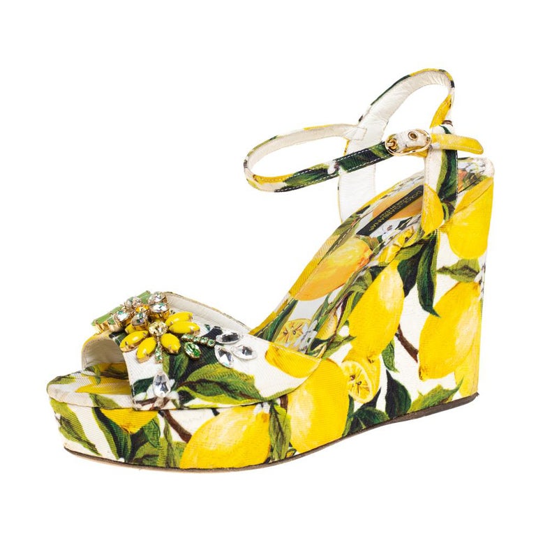 Dolce and Gabbana Multicolor Lemon Print Fabric Wedge Ankle Strap ...