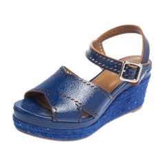 Hermes Blue Glossy Leather Perforated Espadrille Wedge Sandals Size 39