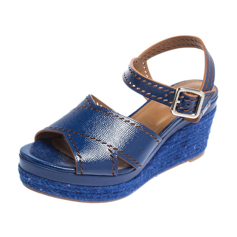 Hermes Blue Glossy Leather Perforated Espadrille Wedge Sandals Size 39 at  1stDibs