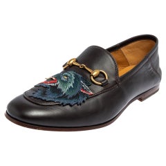 Gucci dunkel braun Leder Brixton Wolf Applique Horsebit Loafers Größe 40