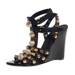 Balenciaga Black Leather Arena Studded Gladiator Wedge Sandals Size 37