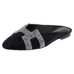 Hermes Black/Silver Suede And Crystal Roxane Mules Size 37