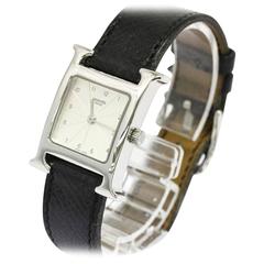 Hermes H Black Leather Stainless Steel Men's Women's Unisex Wrist Watch in Box