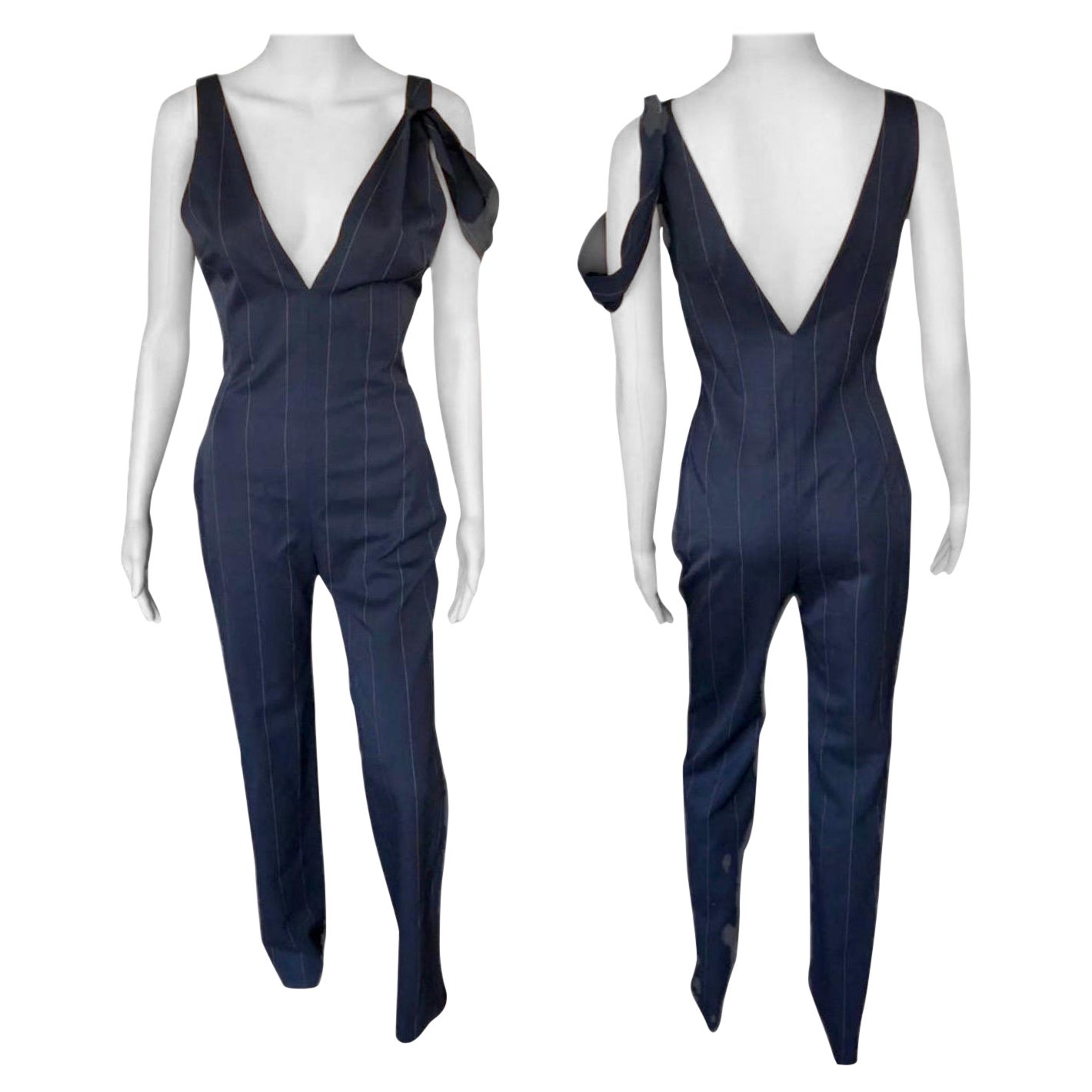 Gianni Versace F/W 1998 Vintage Pinstriped Plunging Open Back Jumpsuit