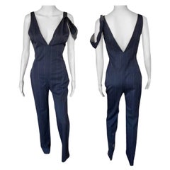 Gianni Versace F/W 1998 Used Pinstriped Plunging Open Back Jumpsuit