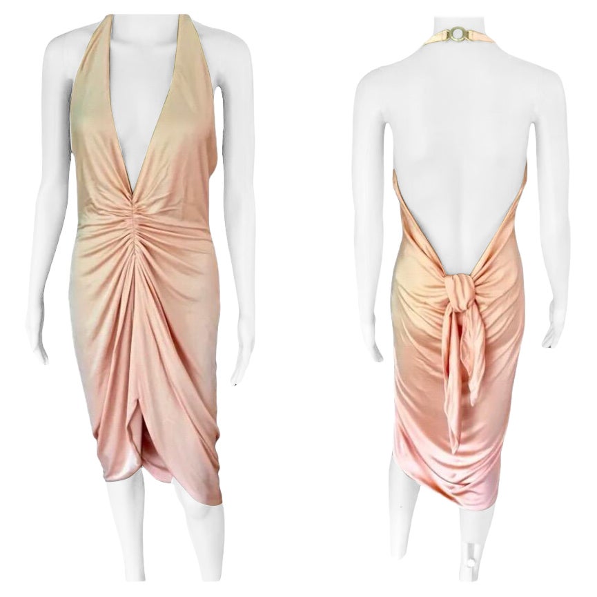 Versace S/S 2005 Runway Peach Plunging Open Back Midi Dress For Sale