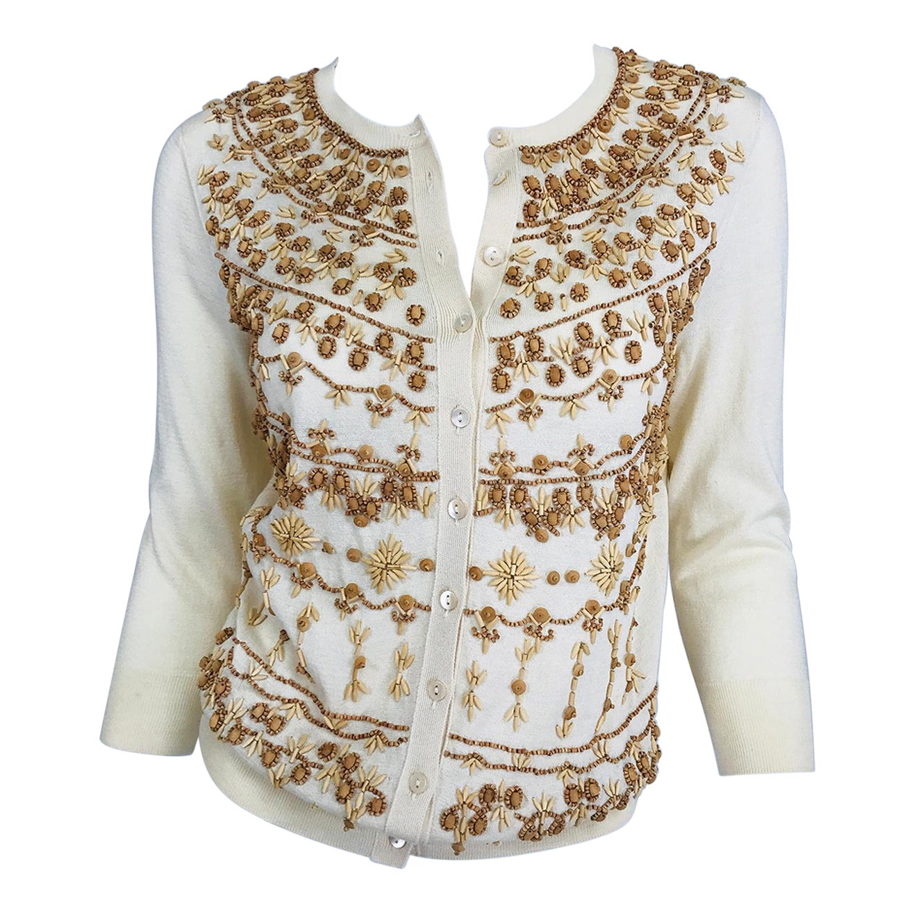 Alexander McQueen Wooden Beaded Cream Cotton/Silk Cardigan Sweater For Sale