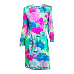 Leonard Paris Floral Silk Jersey Dress & Belt 1980s