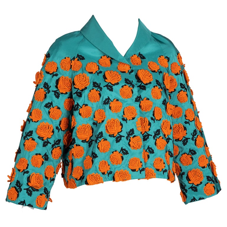Prada turquoise silk-taffeta floral-appliqué jacket, 2012