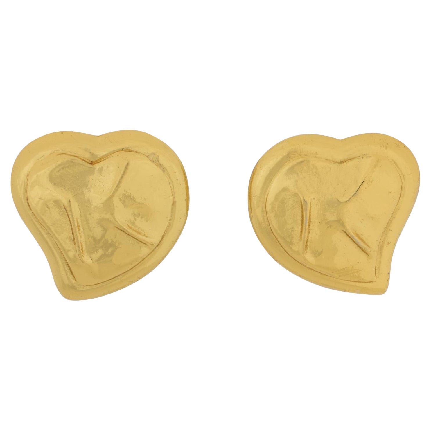 Yves Saint Laurent Paris Clip Earrings Gilt Metal Heart For Sale