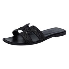 Hermes Black Crystal Embellished Suede Oran Sandals Size 39.5