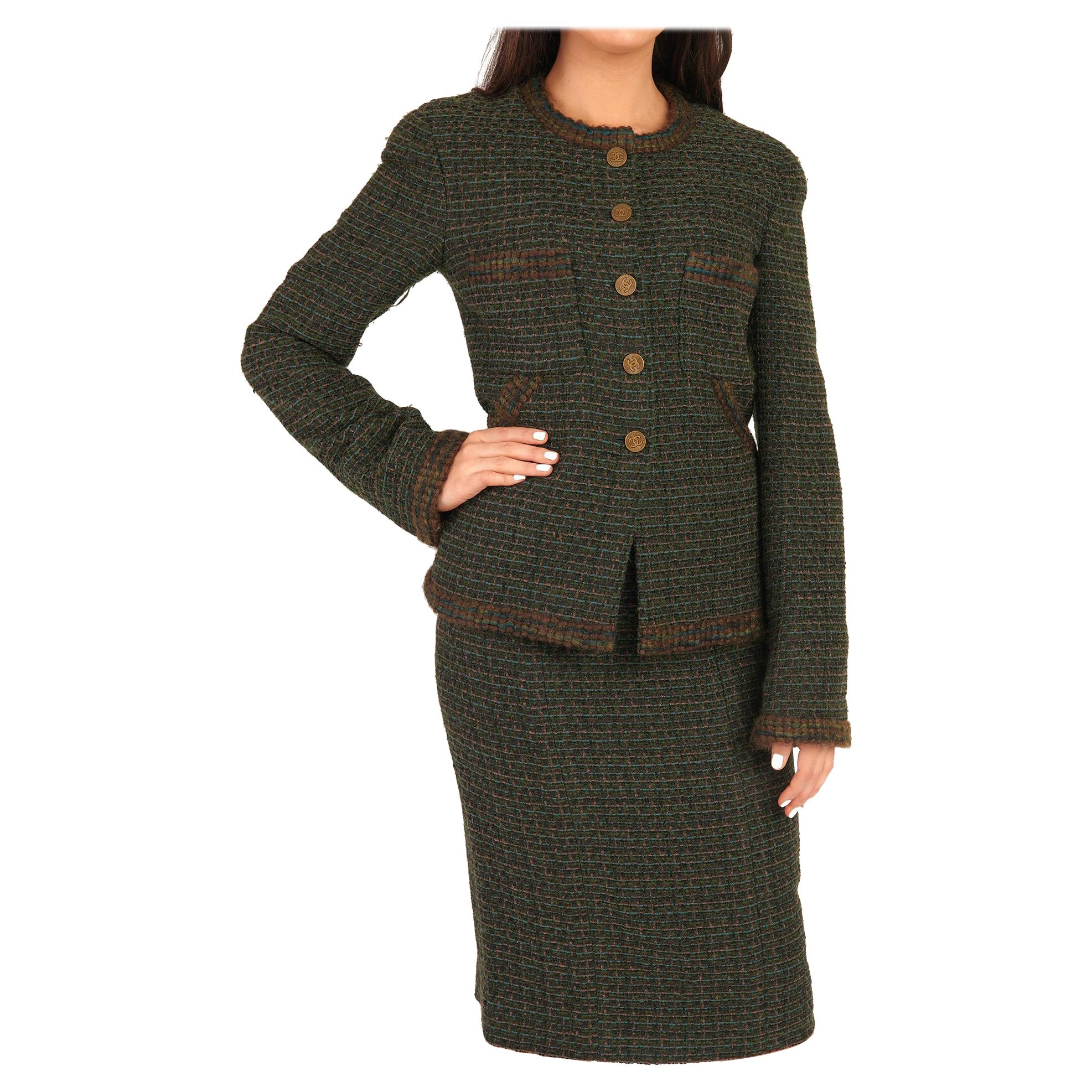 1990's Chanel Green & Brown Wool Tweed Vintage Skirt Suit