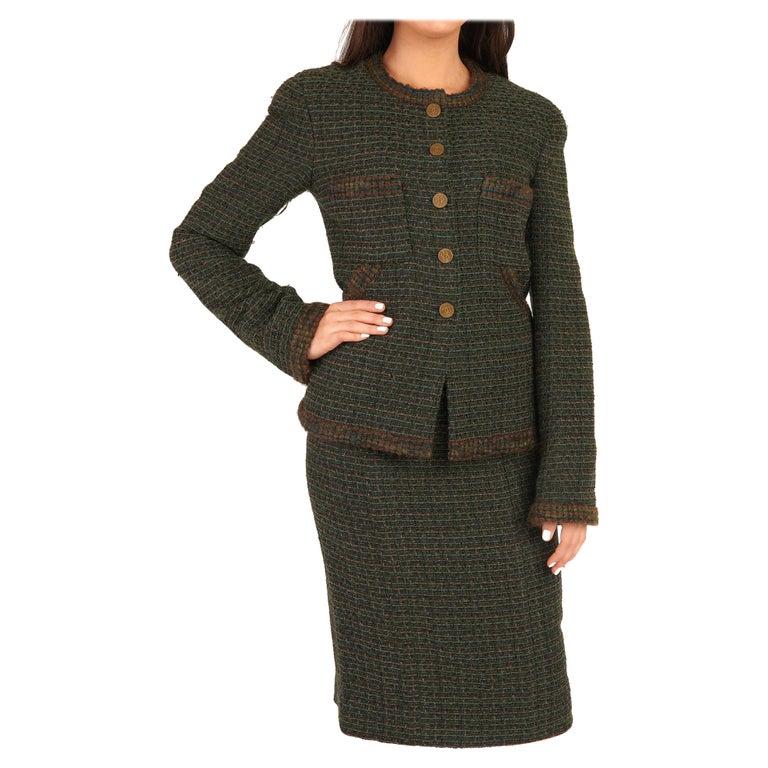 1990's Chanel Green and Brown Wool Tweed Vintage Skirt Suit