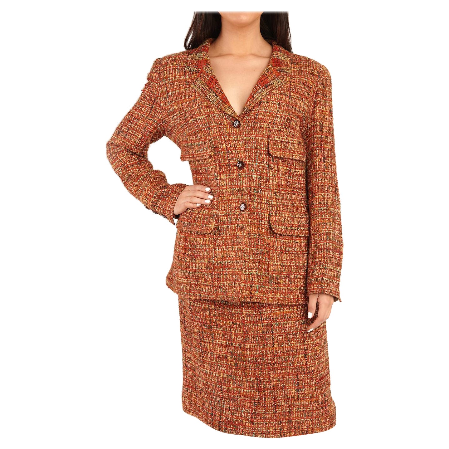 1990's Chanel Orange and Beige Wool Tweed Vintage Skirt Suit at 1stDibs