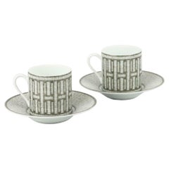 Hermès Mosaique Au 24 Set of 2 Platinum Porcelain Coffee Cup and Saucer