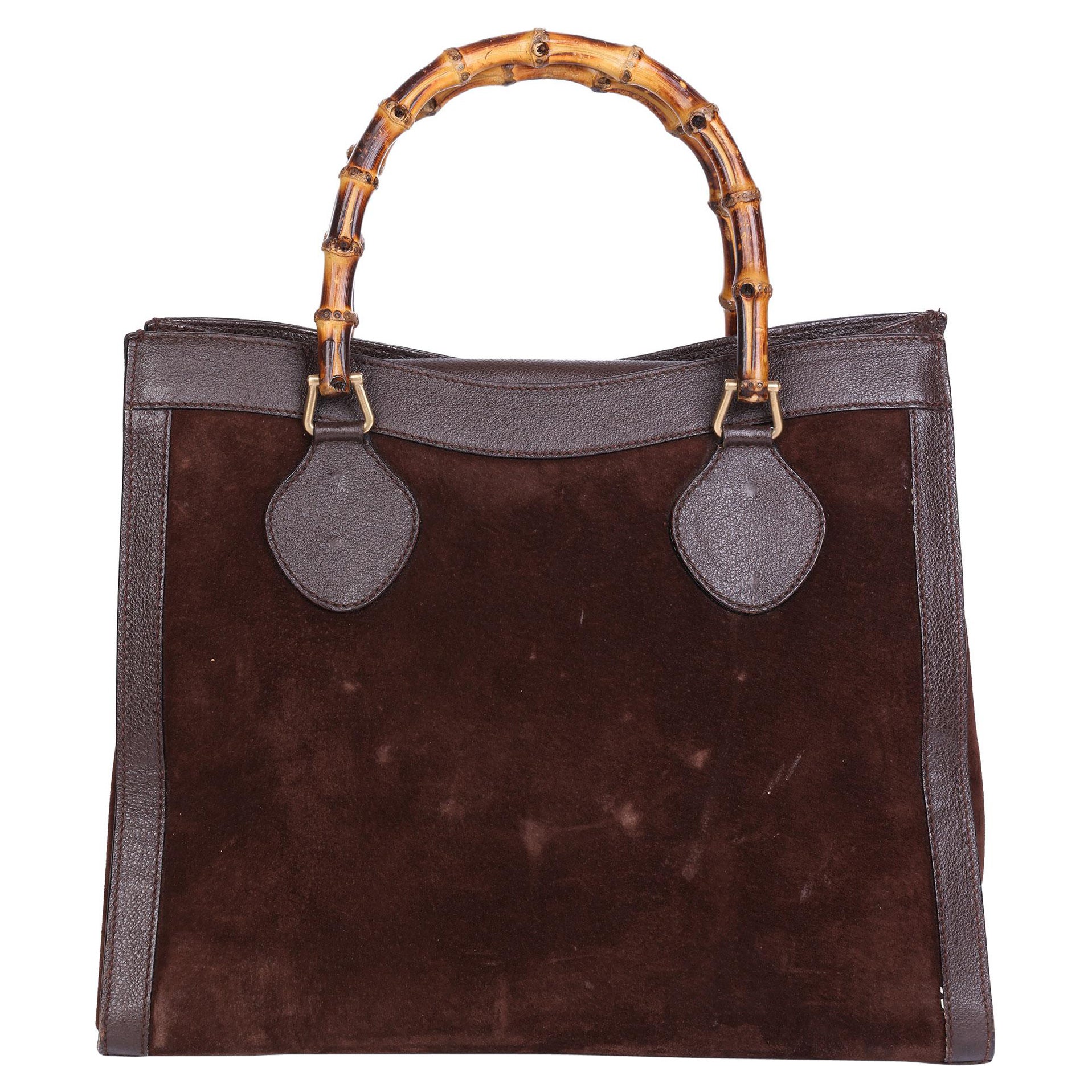 1990 Gucci Brown Pigskin Leather & Suede Vintage Bamboo Tote