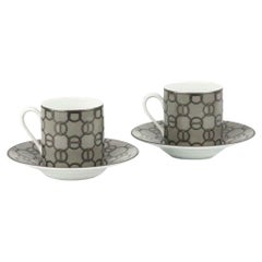 Hermès Fil D'Argent Set of 2 Porcelain Coffee Cup and Saucer 