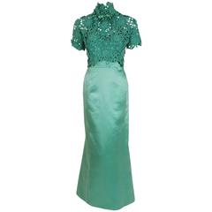 1962 Nina Ricci Haute-Couture Seafoam Blue Green Beaded Lace & Satin Formal Gown 11