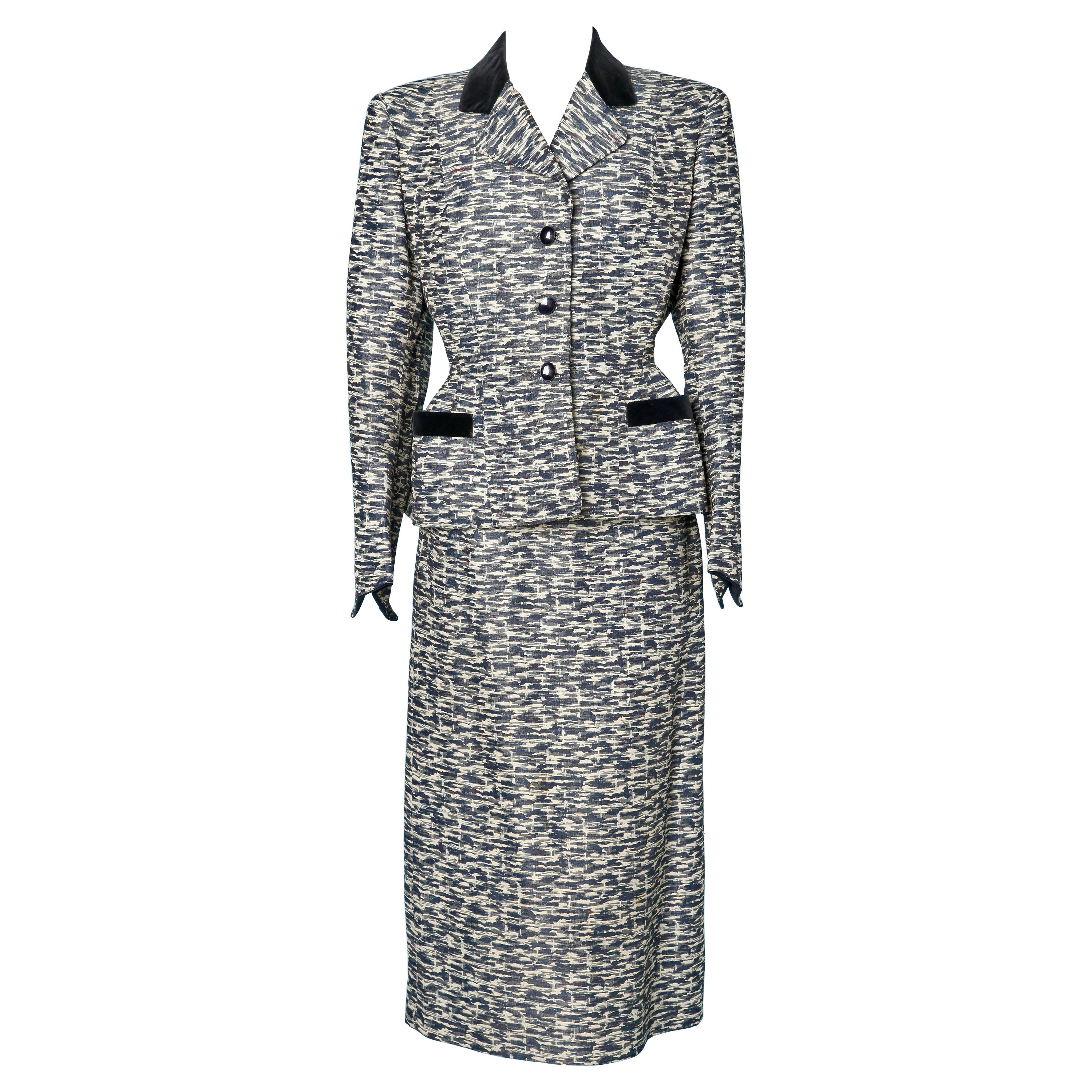 1950's silk jacquard and velvet skirt suit Jacques Fath Paris