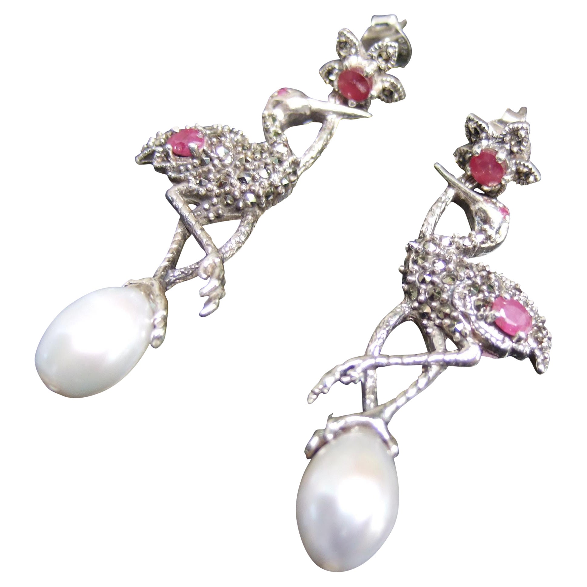 Sterling Silver Ruby Crystal Fresh Water Pearl Marcasite Bird Earrings 21st c For Sale