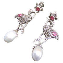Sterling Silver Ruby Crystal Fresh Water Pearl Marcasite Bird Earrings 21st c