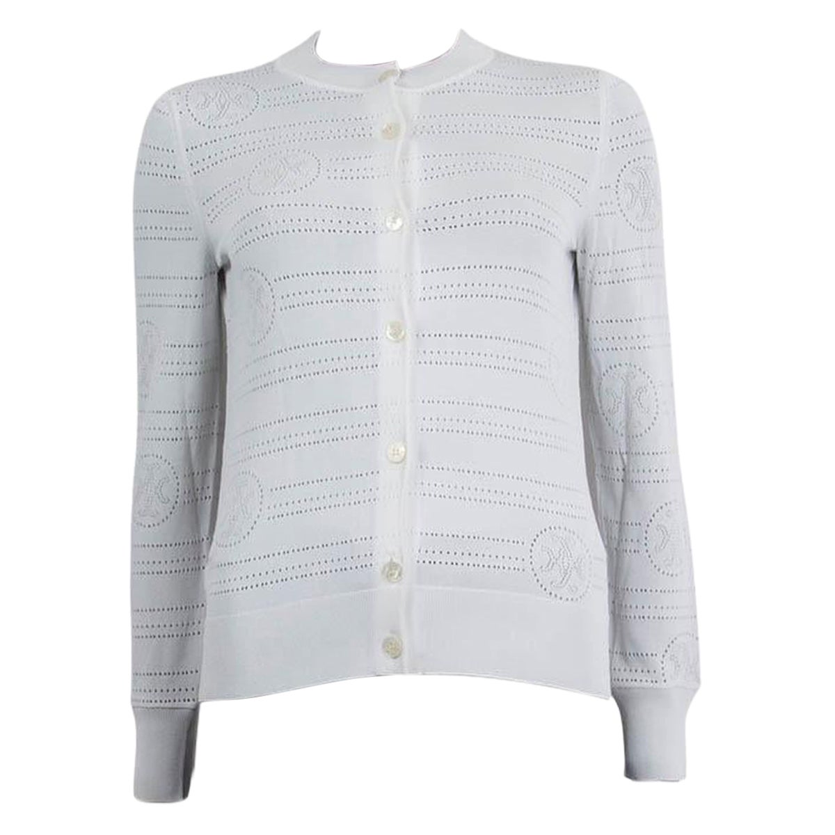 HERMES white viscose POINTELLE LOGO Cardigan Sweater 34 XXS For Sale