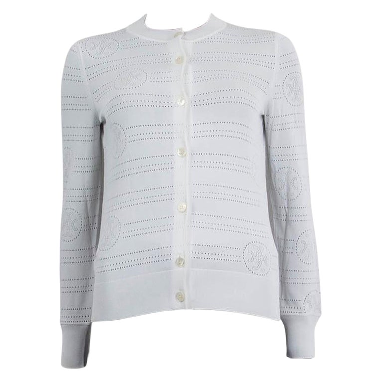 HERMES white viscose POINTELLE LOGO Cardigan Sweater 34 XXS