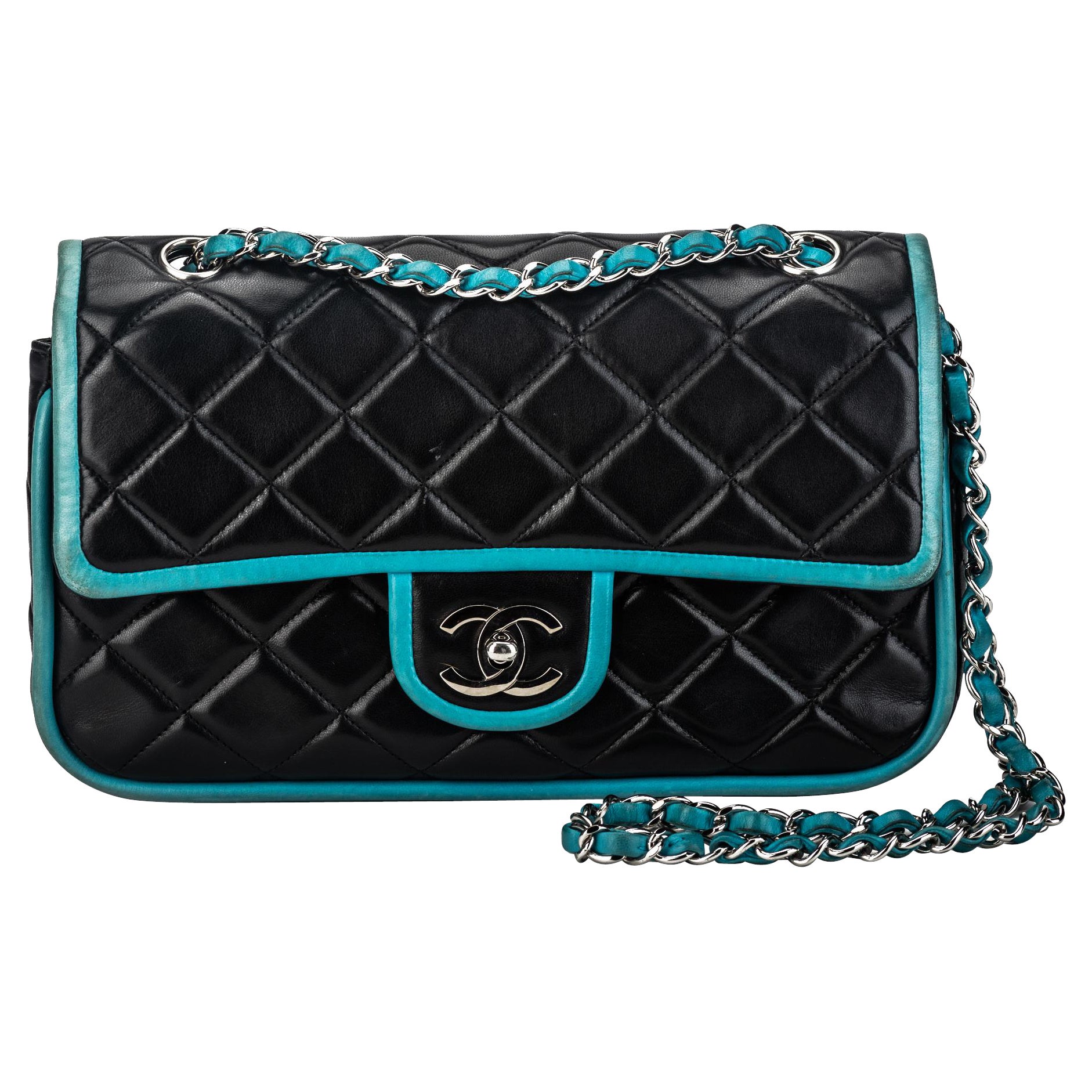 Chanel Small Classic Double Flap Turquoise Iridescent Caviar Light Gold  Hardware
