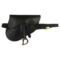 Christian Dior Black Smooth Leather Saddle Pouch Belt Bag
