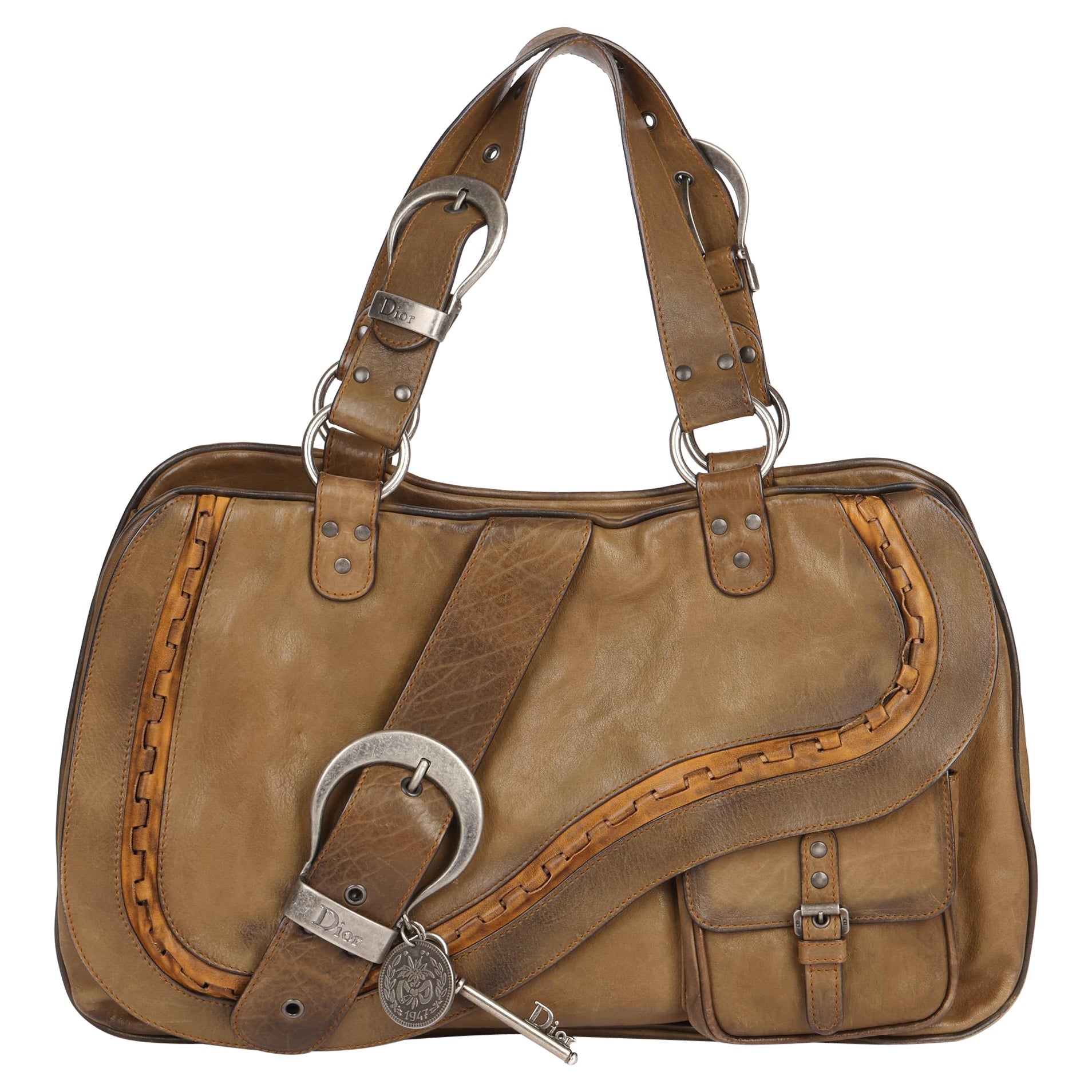 Christian Dior Brown Aged Calfskin Leather Gaucho Double Saddle Bag at  1stDibs