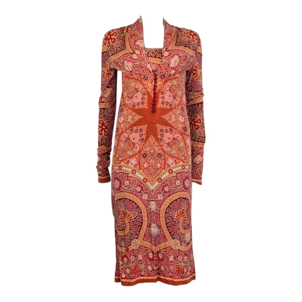 ETRO orange wool PRINTED Long Sleeve MIDI KNIT Shift Dress 42 M