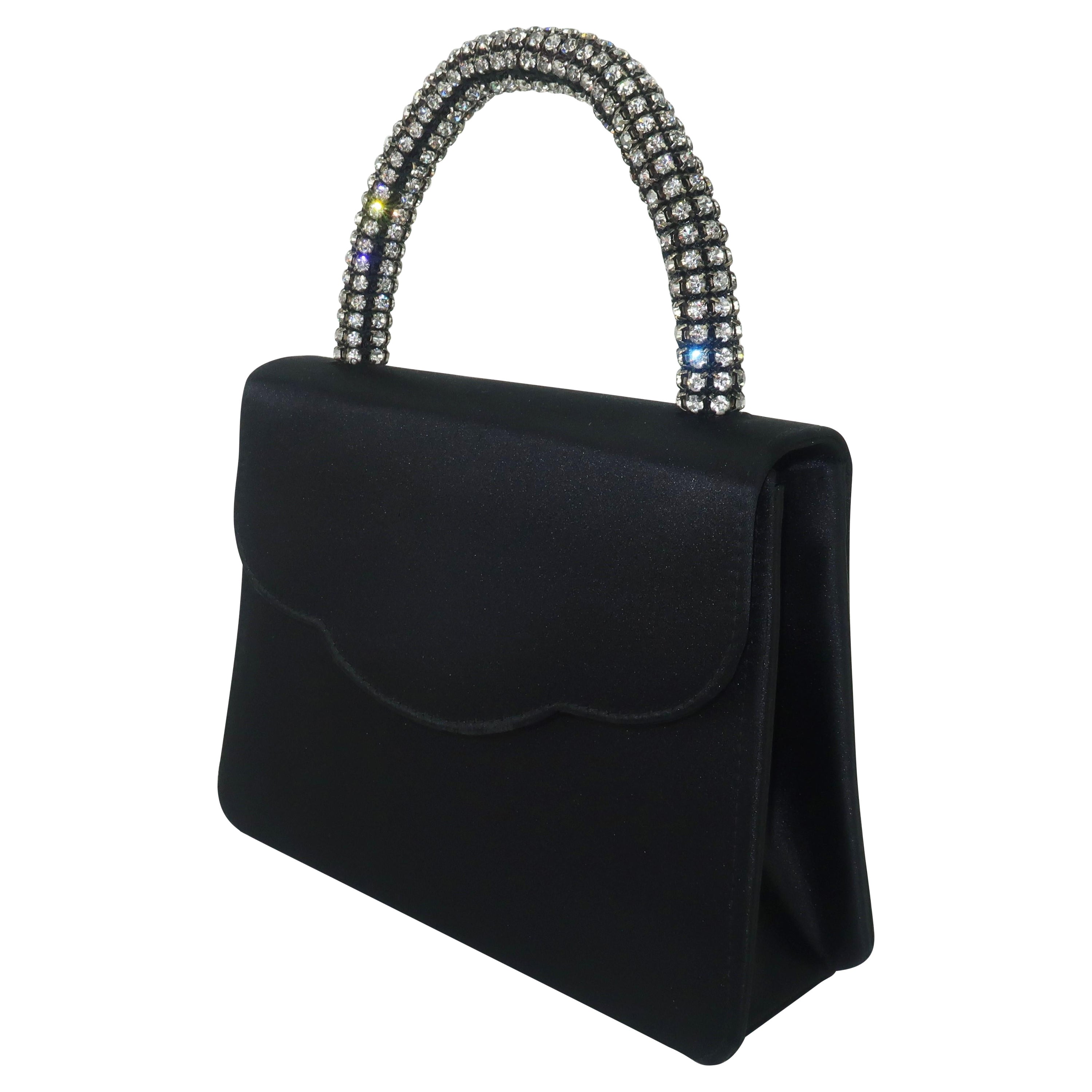 Neiman Marcus Black Satin Evening Handbag With Rhinestone Handle
