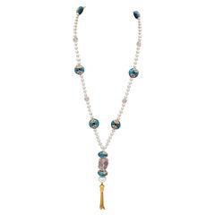 A.Jeschel Long Freshwater Pearl necklace Rose Quartz and Chinese Cloisonne