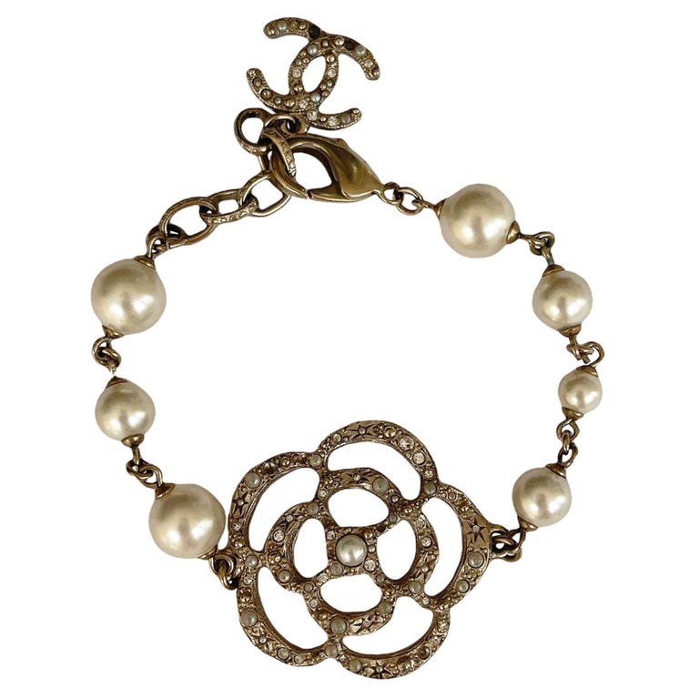 Chanel Gold Camellia and Faux Pearl Bracelet For Sale