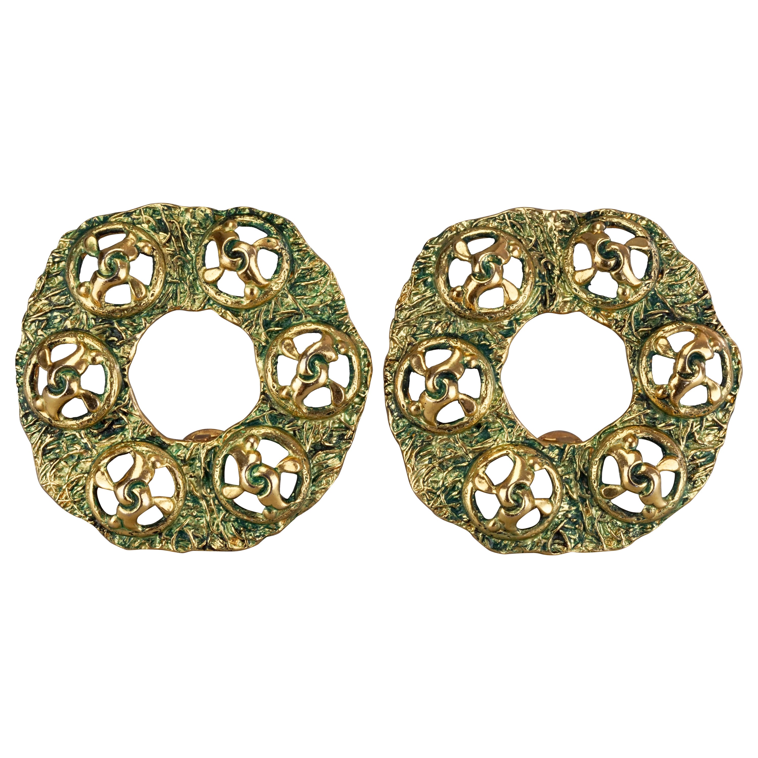 Vintage Massive French Patina Green Enamel Creole Hoop Earrings For Sale