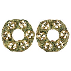 Vintage Massive French Patina Green Enamel Creole Hoop Earrings