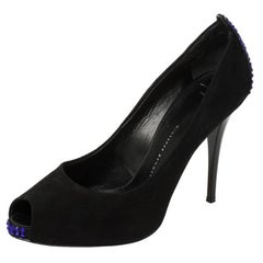 Giuseppe Zanotti Black Suede Embellished Peep Toe Pumps Size 37.5