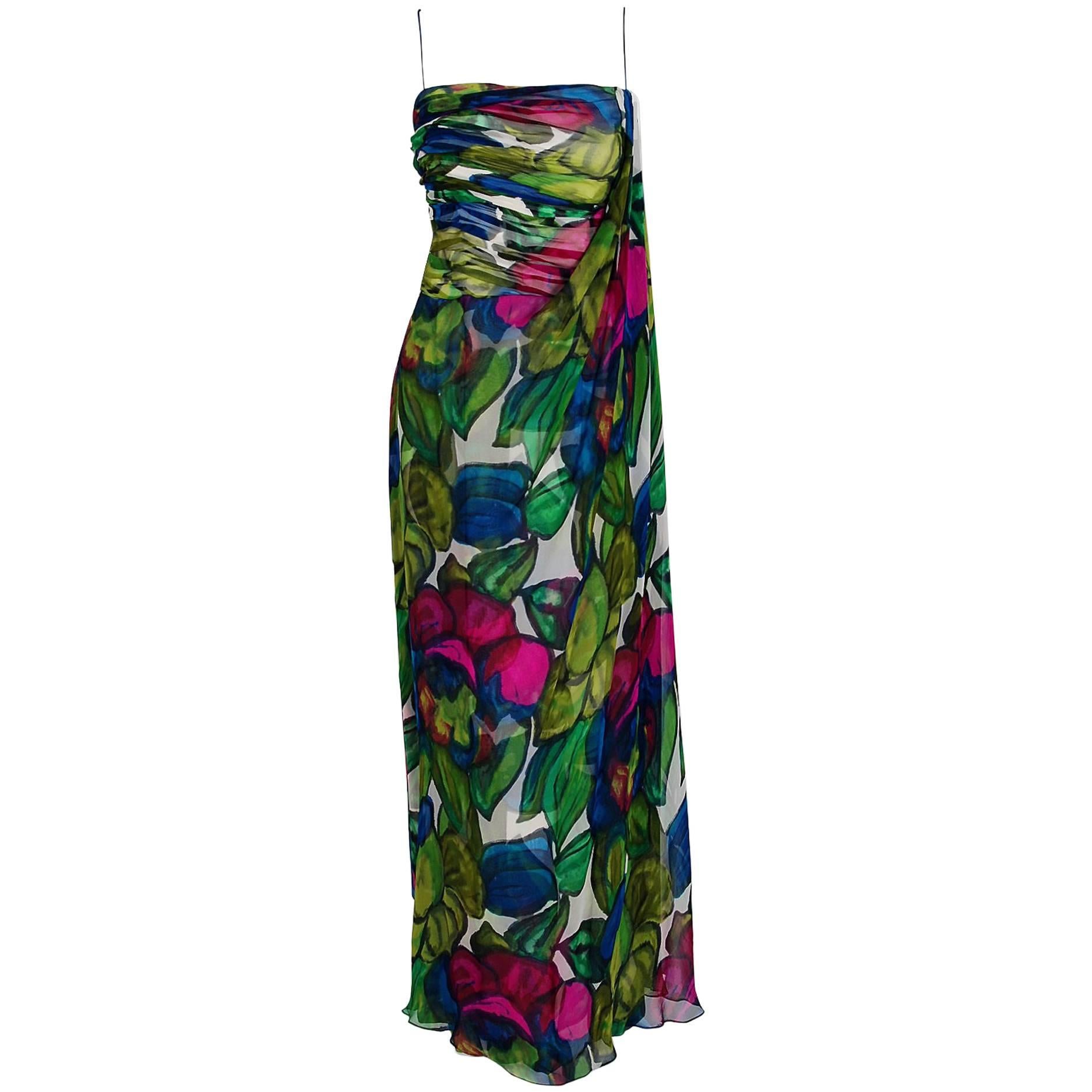 1960's Will Steinman Colorful Floral Draped Silk-Chiffon Grecian Goddess Gown 