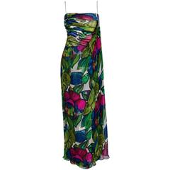 1960's Will Steinman Colorful Floral Draped Silk-Chiffon Grecian Goddess Gown