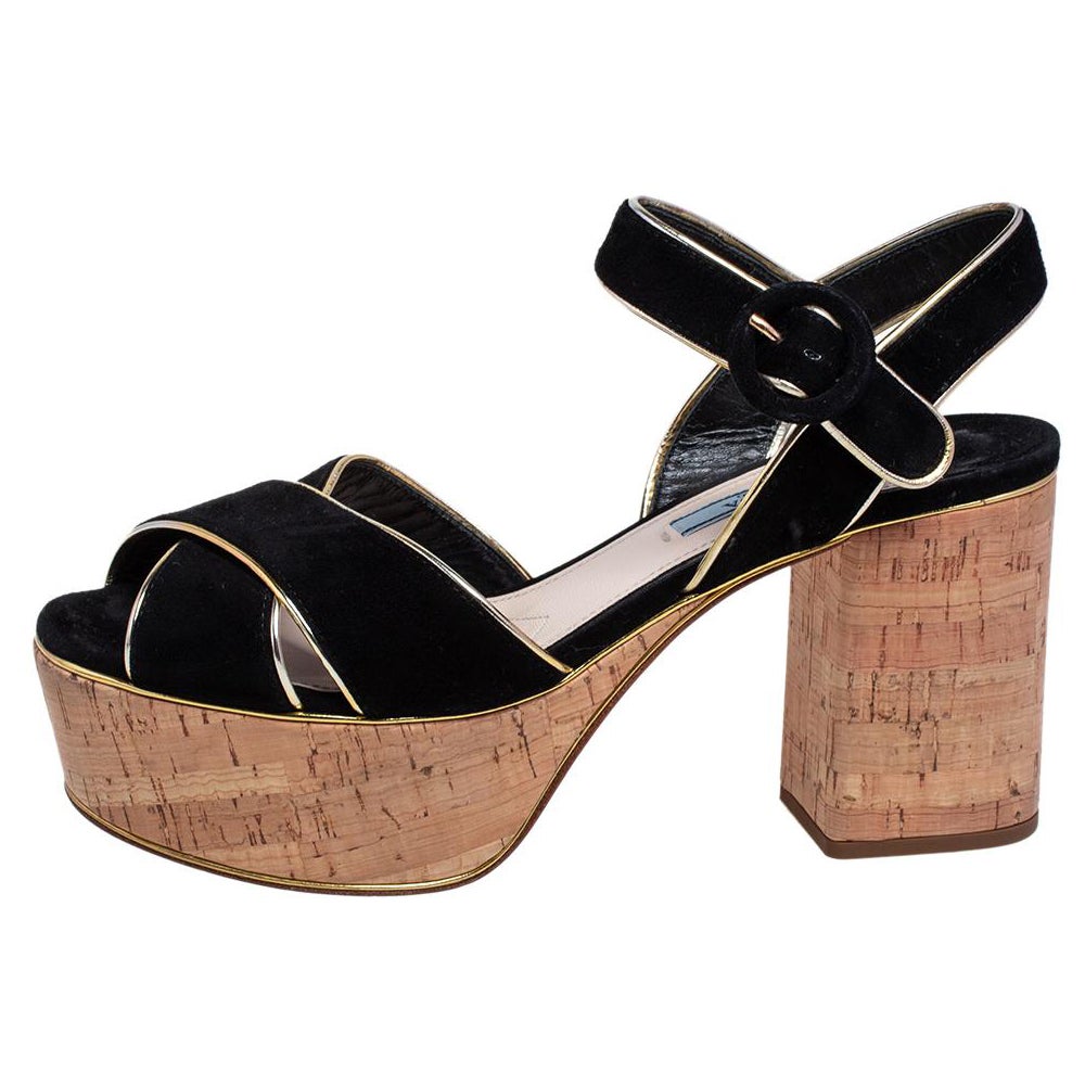 Prada Black Suede Ankle Strap Platform Sandals Size 38