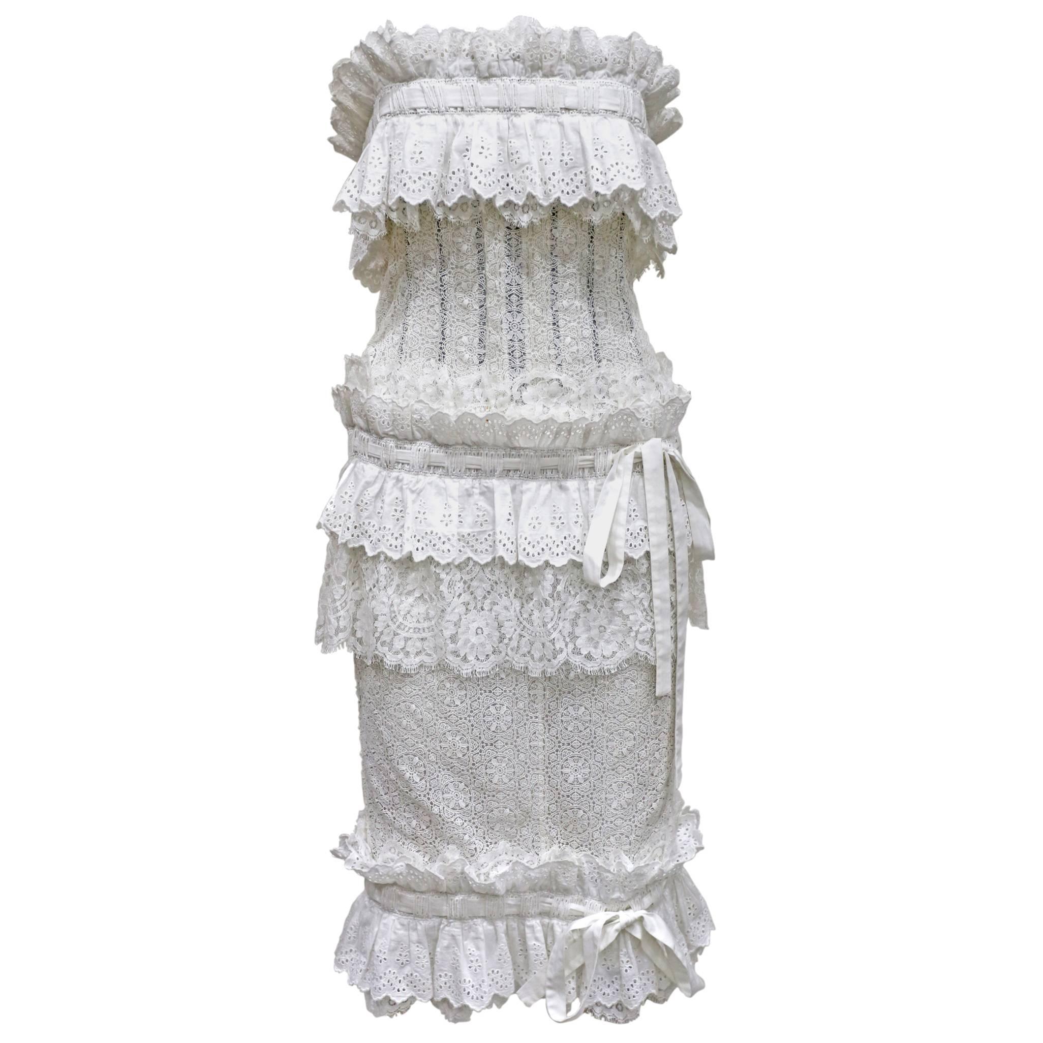 Dolce & Gabbana corseted broderie anglaise lace ruffled strapless dress, c.1990s