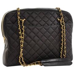 Chanel Black Quilted Lambskin Gold Double Chain Top Handle Tote Shoulder Bag