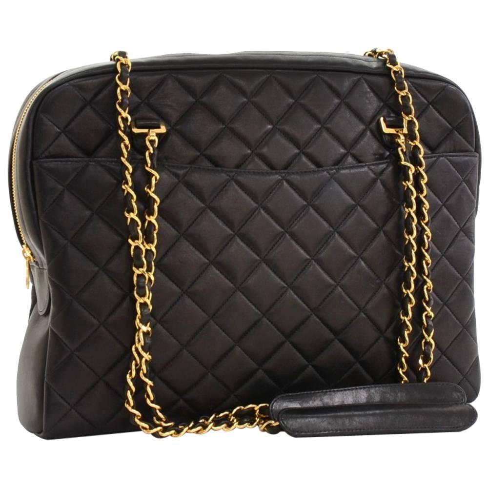 Chanel Black Quilted Lambskin Gold Double Chain Top Handle Tote Shoulder Bag at 1stdibs