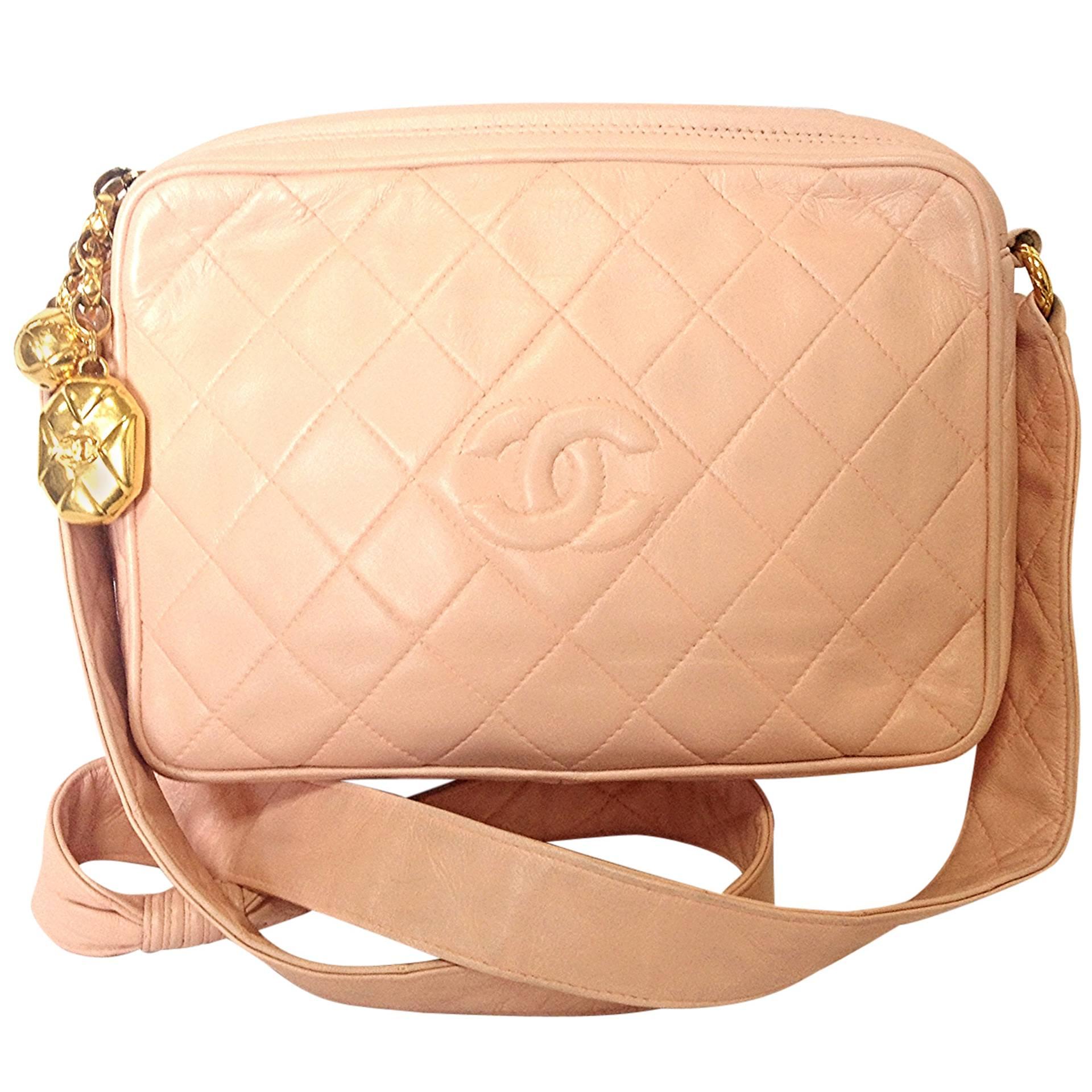 Vintage CHANEL milky pink lambskin camera bag style shoulder bag with golden CC For Sale
